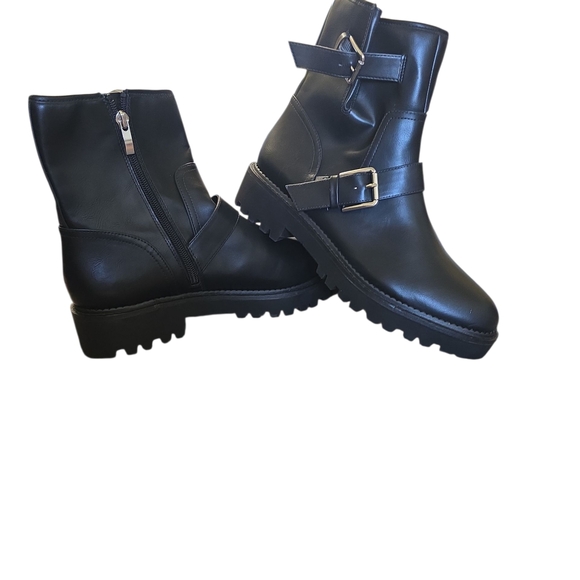 New -Nordstrom Black Ankle Combat Boots with Strap Detail - Picture 1 of 5
